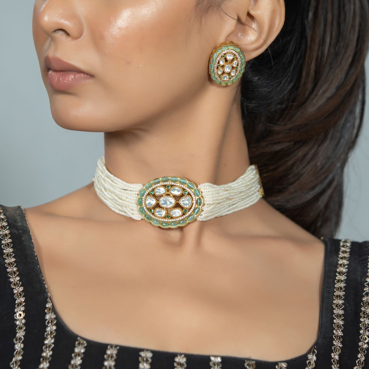 Moti Teal Stud Chhokar – Classic Pearl Elegance with a Splash of Teal