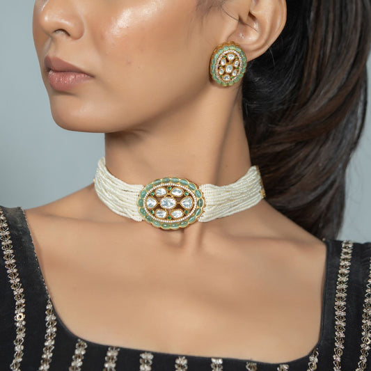 Moti Teal Stud Chhokar – Classic Pearl Elegance with a Splash of Teal