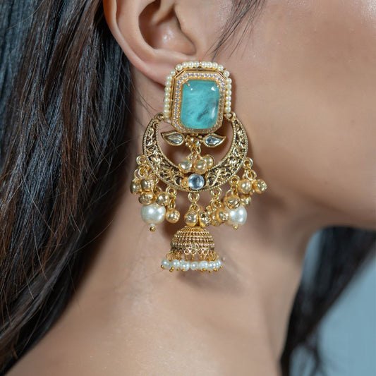 Teal Big Chandbali Earrings – Bold Elegance with a Splash of Color