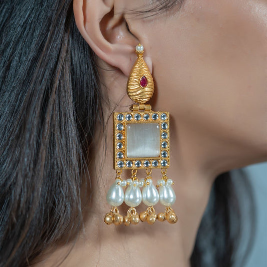 Opal White Square Cut Bold Earrings – Striking Elegance with a Modern Edge