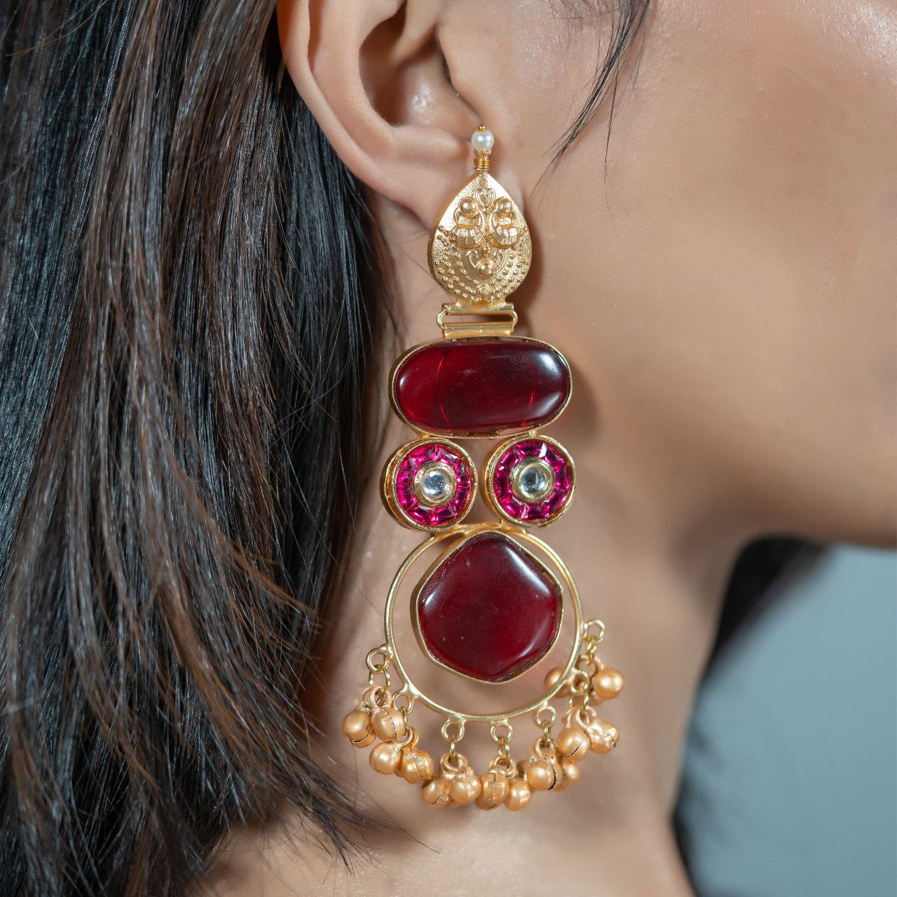 Red Stud Ghungroo Earrings – Bold Elegance with a Traditional Twist
